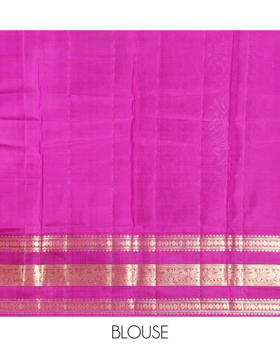 Blue Vasundhara Silk Saree Gracefully Embellished with Zari Buttas, Complemented by a Varisai Pettu Border Featuring Rekku, Muthu, Banaras, Rudraksham, and Mayil Designs, Majestically Woven with a Zari-Designed Pallu, and Paired with a Contrast Blouse - Image 6