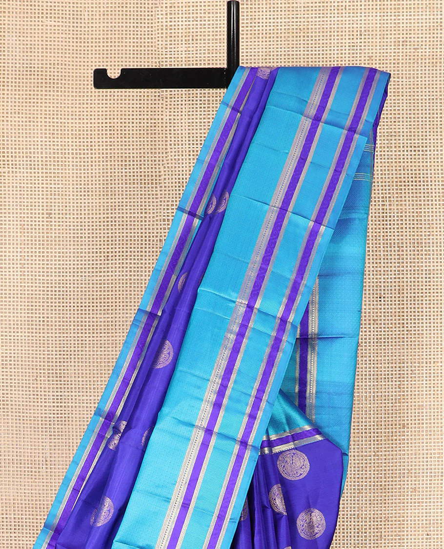 Blue Vasundhara Silk Saree Majestically Detailed with Round Mayil Buttas, Complemented with a Contrast Border of Traditional Zari Designs, Richly Detailed Pallu of Jaal Designs, and Paired with a Contrast Blouse - Image 3