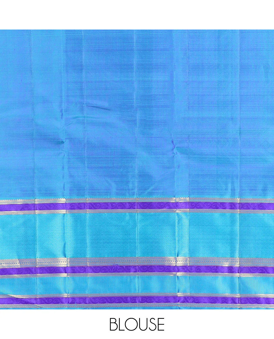 Blue Vasundhara Silk Saree Majestically Detailed with Round Mayil Buttas, Complemented with a Contrast Border of Traditional Zari Designs, Richly Detailed Pallu of Jaal Designs, and Paired with a Contrast Blouse - Image 6