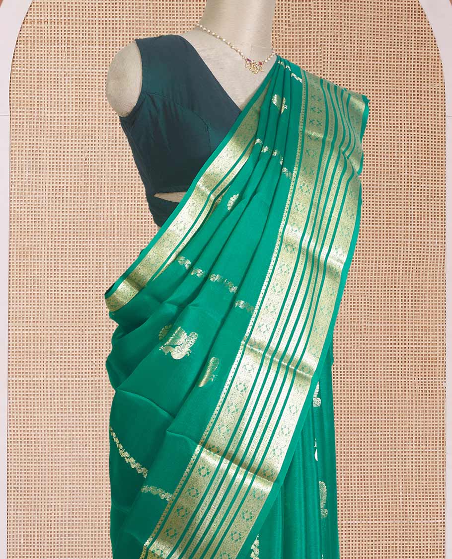 Green veldhari, and peacock zari design Mysore silk saree, traditional zari design border, and Mughal-inspired zari design pallu - Image 3