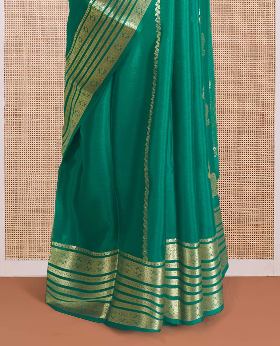 Green veldhari, and peacock zari design Mysore silk saree, traditional zari design border, and Mughal-inspired zari design pallu - Image 4