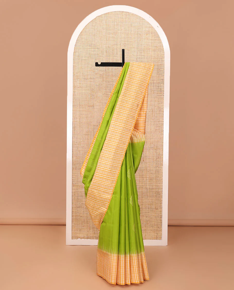 Parrot green zari designs Mayuri soft silk saree, contrast border & pallu of checked design