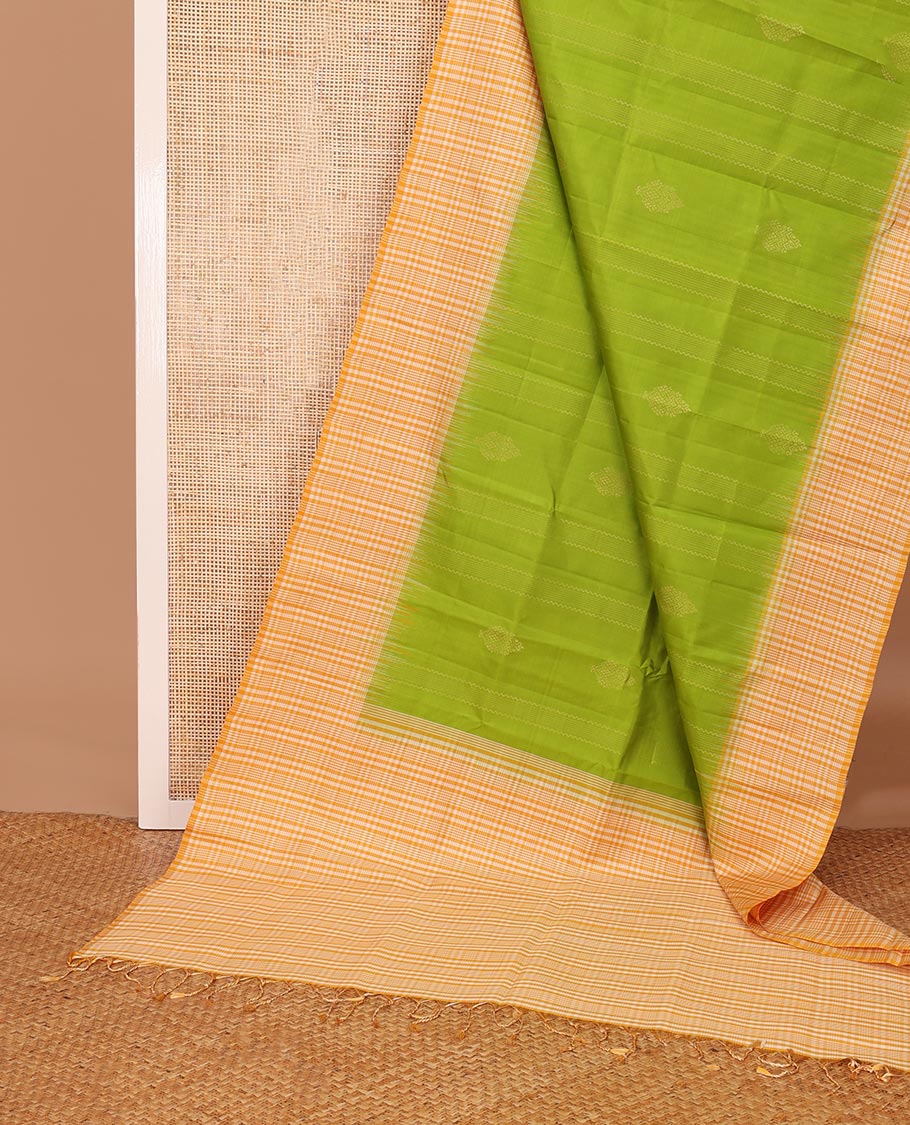Parrot green zari designs Mayuri soft silk saree, contrast border & pallu of checked design - Image 3