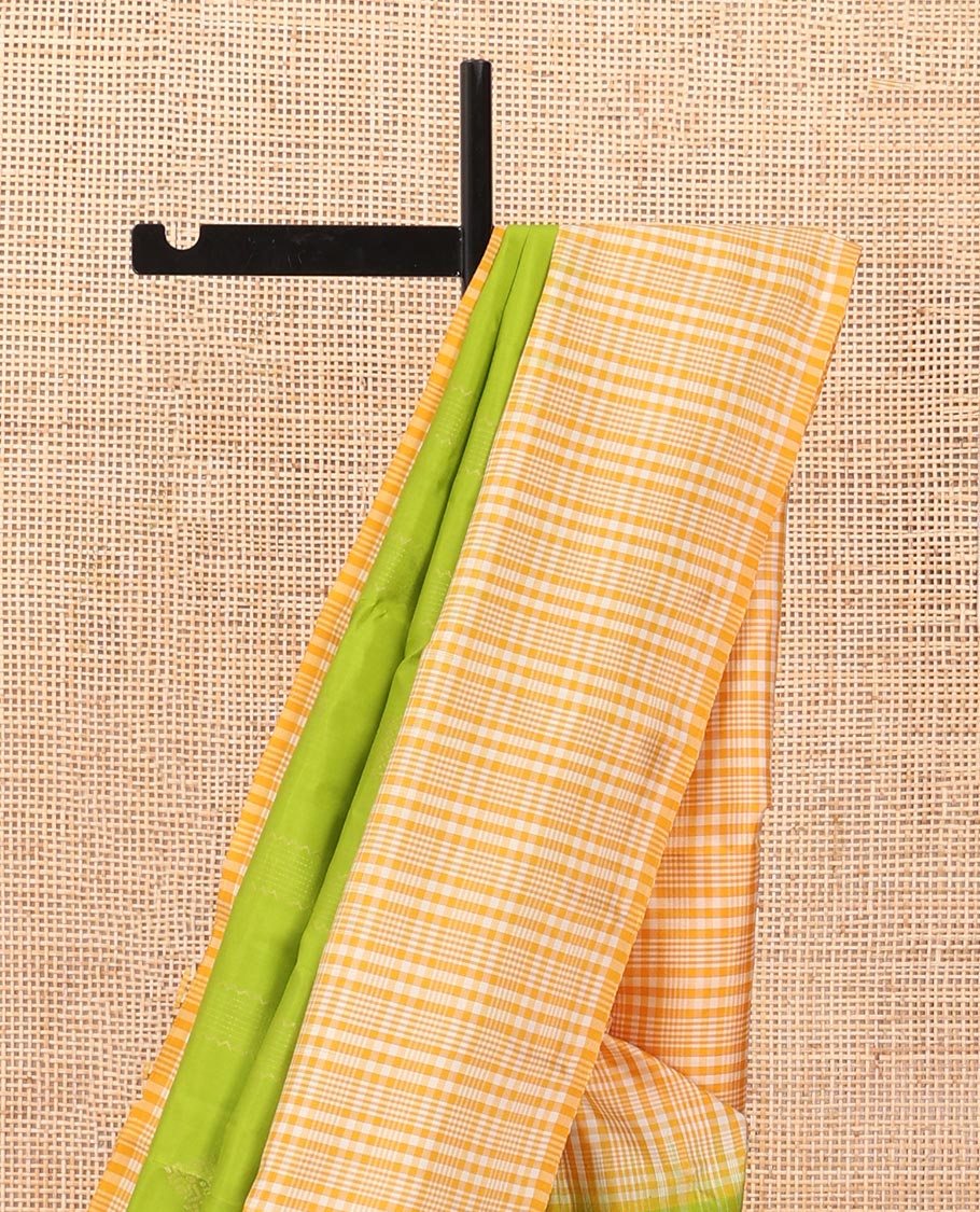 Parrot green zari designs Mayuri soft silk saree, contrast border & pallu of checked design - Image 4