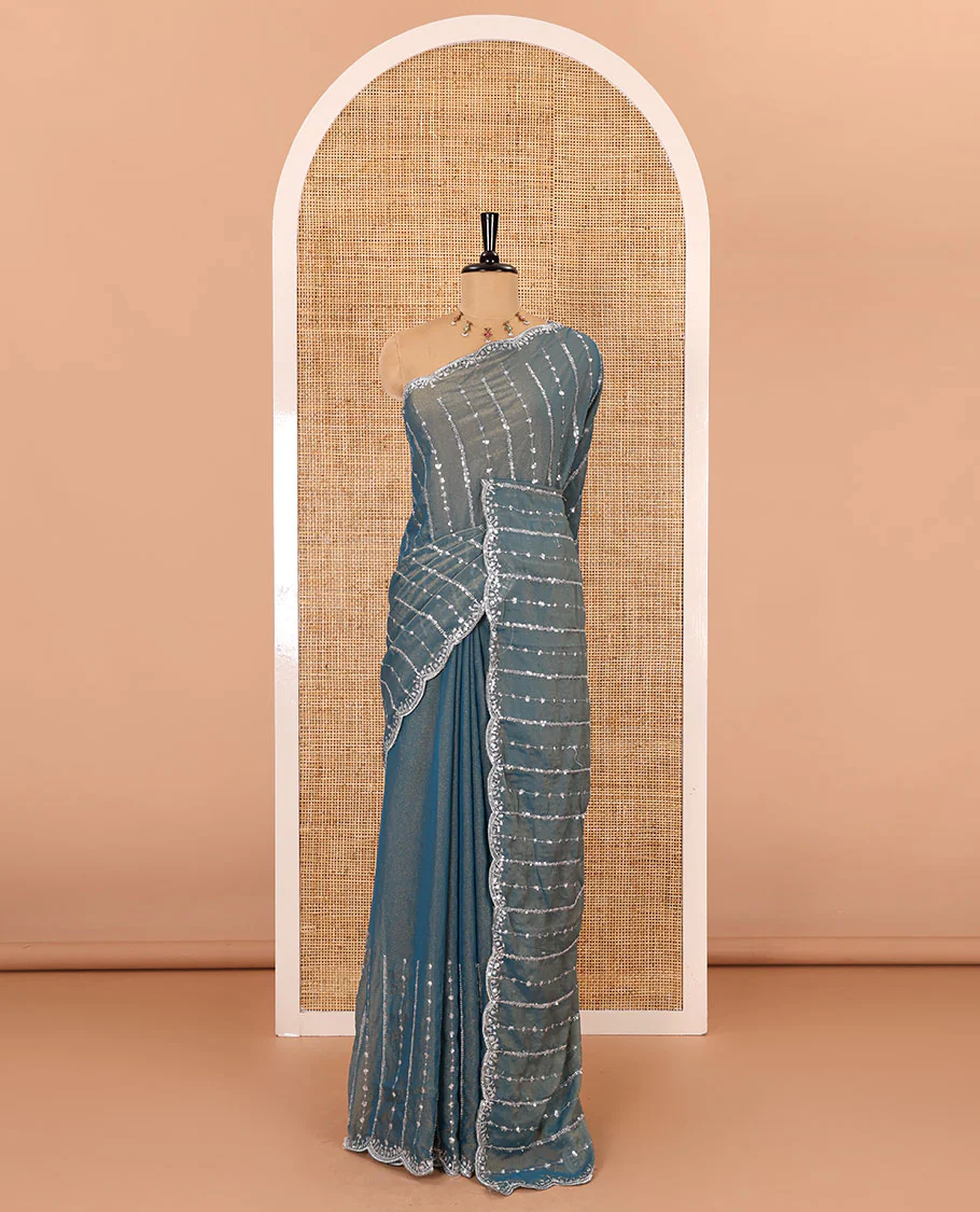 Blue vertical stripes embroidered shimmer chiffon saree, scallop embroidered border, embroidered pallu, and fancy embroidered matching blouse - Image 2