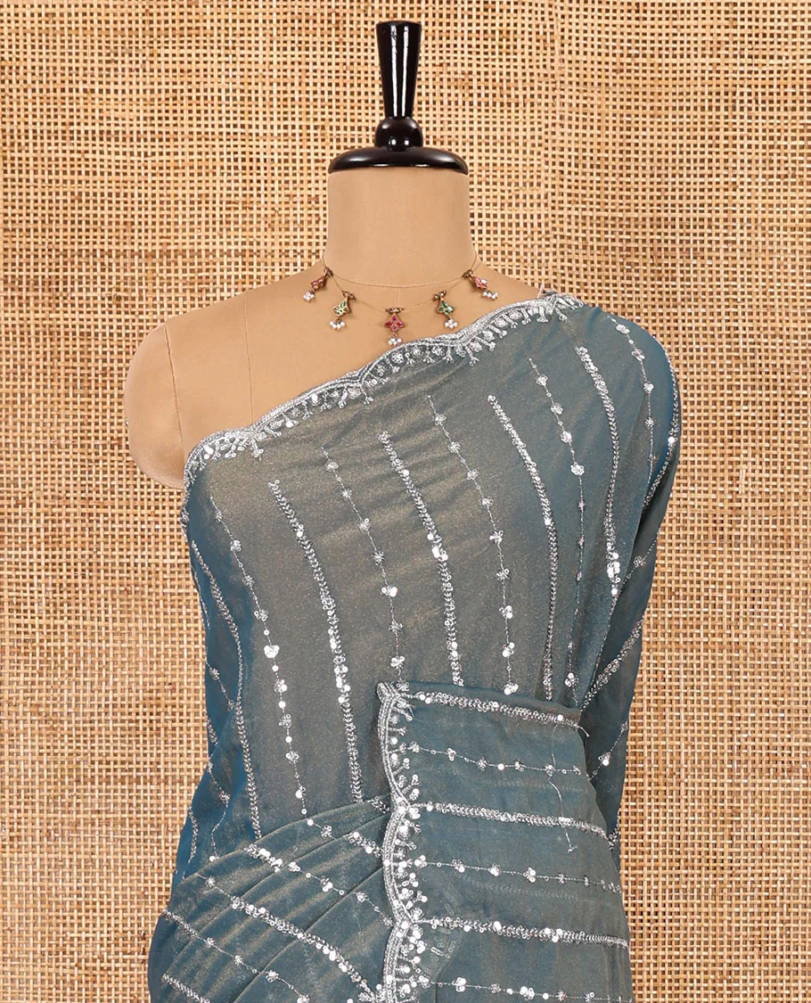 Blue vertical stripes embroidered shimmer chiffon saree, scallop embroidered border, embroidered pallu, and fancy embroidered matching blouse - Image 3
