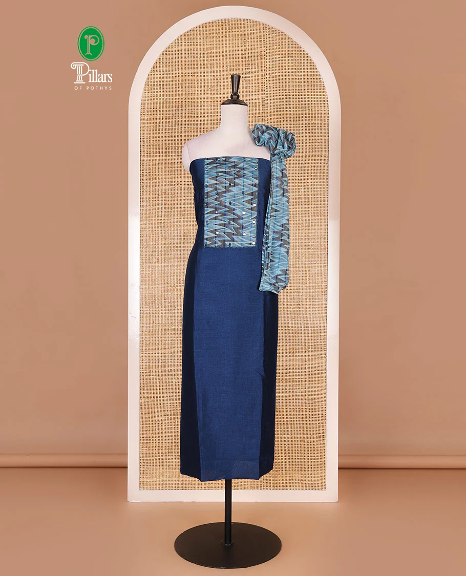 Blue Vertican silk material chudidar set, ikkat chevron striped with mirror neck embroidered top, santoon bottom, and contrast chevron striped dupatta