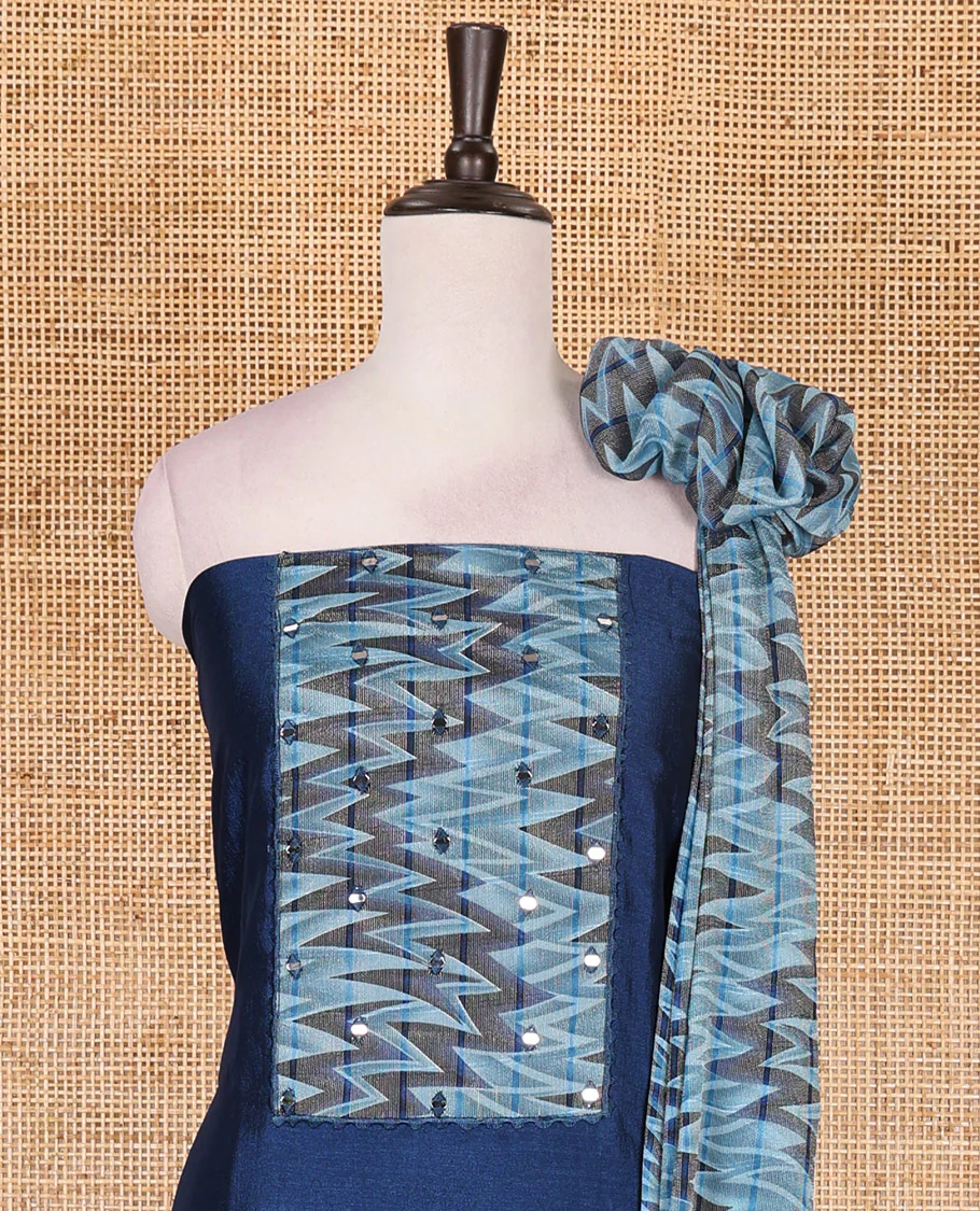 Blue Vertican silk material chudidar set, ikkat chevron striped with mirror neck embroidered top, santoon bottom, and contrast chevron striped dupatta - Image 3