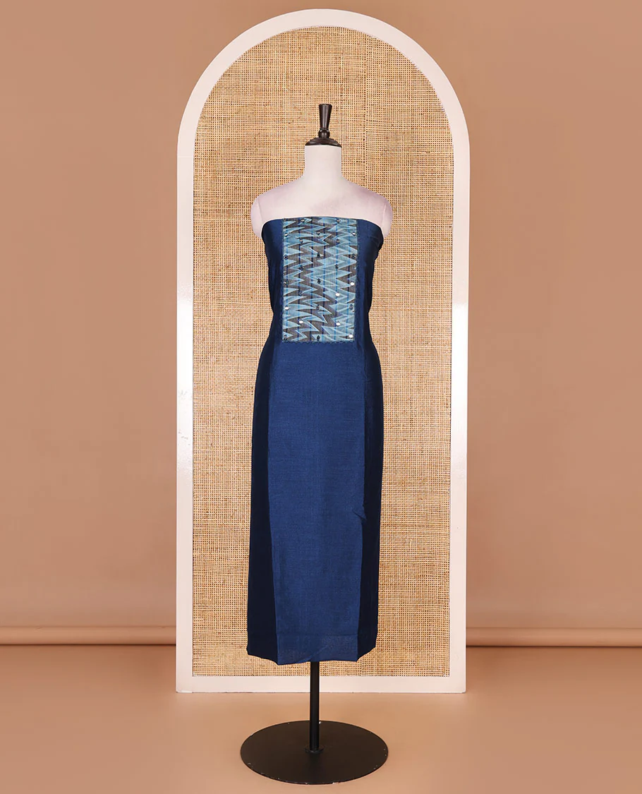 Blue Vertican silk material chudidar set, ikkat chevron striped with mirror neck embroidered top, santoon bottom, and contrast chevron striped dupatta - Image 4