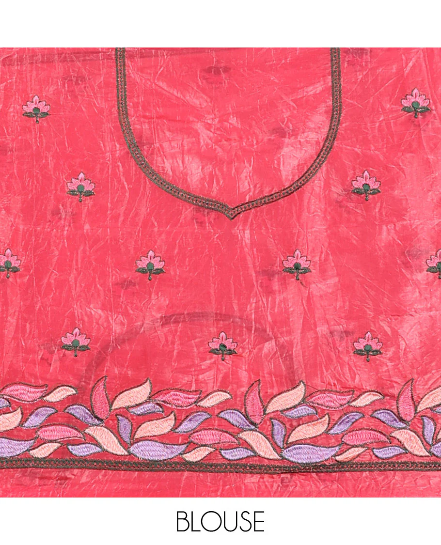 Pink floral embroidery half saree with self-border , embroidery blouse & floral design scallop border - Image 3