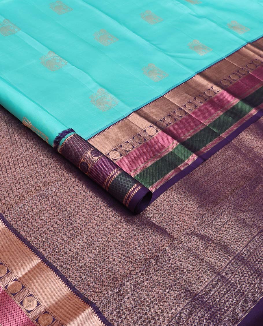 Blue yaanai buttas Vasundhara silk saree, contrast border of rekku, muthu, banaras, mayil kann, and rudraksham motifs, and jaal pallu - Image 2