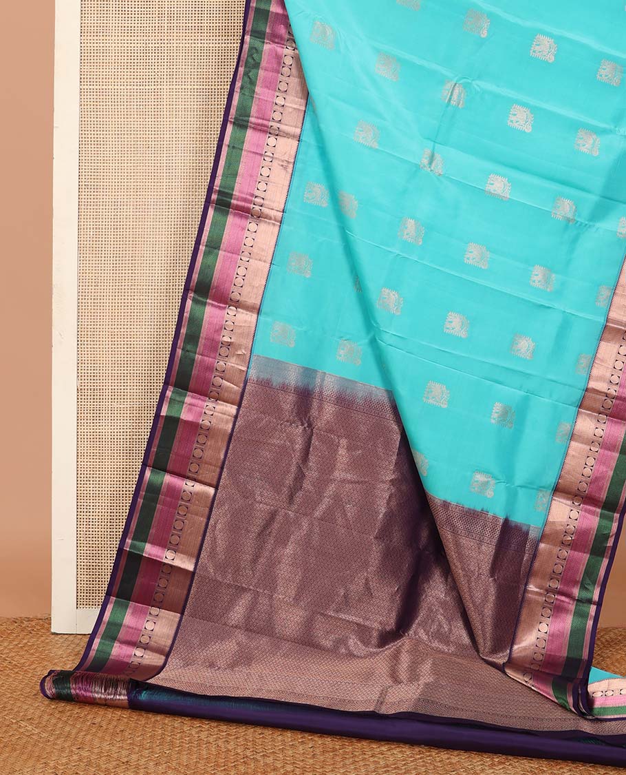 Blue yaanai buttas Vasundhara silk saree, contrast border of rekku, muthu, banaras, mayil kann, and rudraksham motifs, and jaal pallu - Image 3
