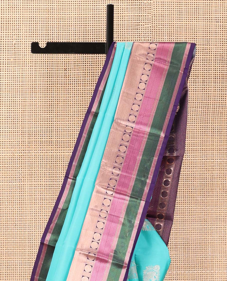 Blue yaanai buttas Vasundhara silk saree, contrast border of rekku, muthu, banaras, mayil kann, and rudraksham motifs, and jaal pallu - Image 4