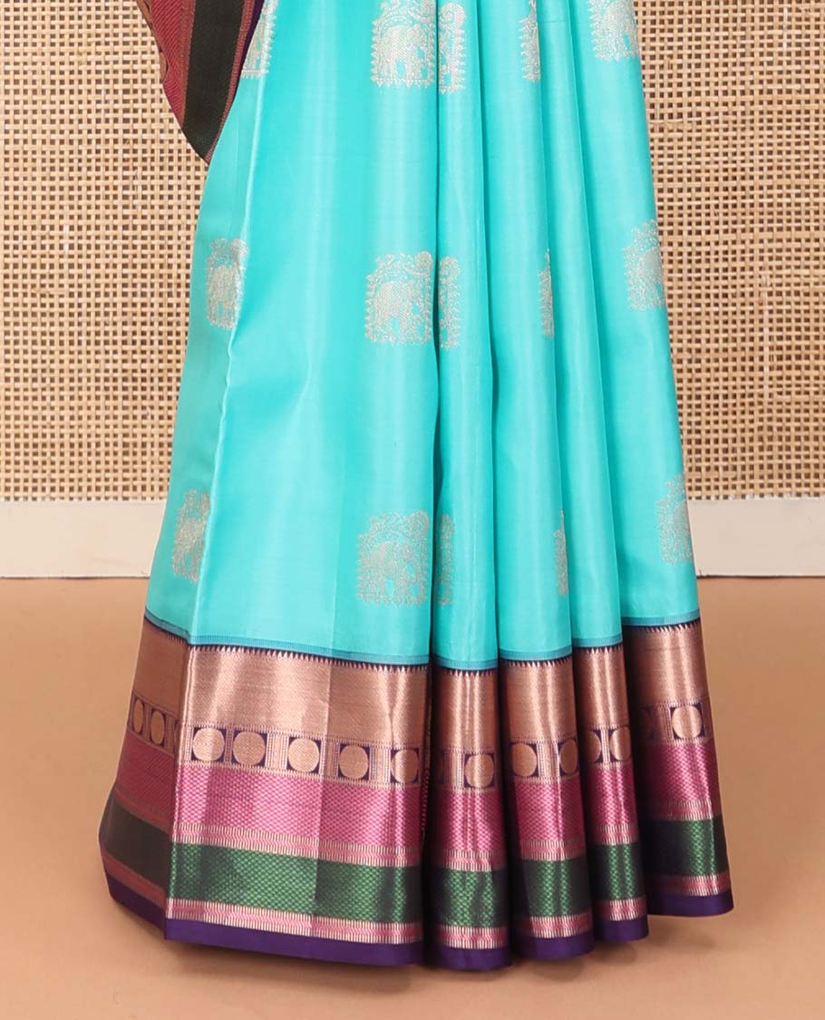Blue yaanai buttas Vasundhara silk saree, contrast border of rekku, muthu, banaras, mayil kann, and rudraksham motifs, and jaal pallu - Image 5