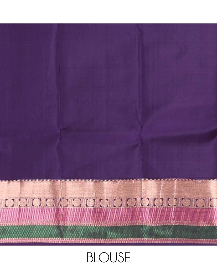 Blue yaanai buttas Vasundhara silk saree, contrast border of rekku, muthu, banaras, mayil kann, and rudraksham motifs, and jaal pallu - Image 6
