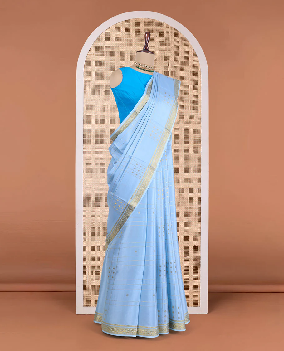 Blue zari buttas and checked Mysore silk saree, traditional zari design border, and zari design pallu