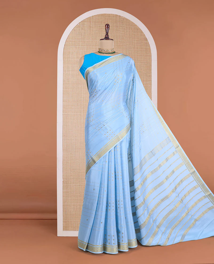 Blue zari buttas and checked Mysore silk saree, traditional zari design border, and zari design pallu - Image 2