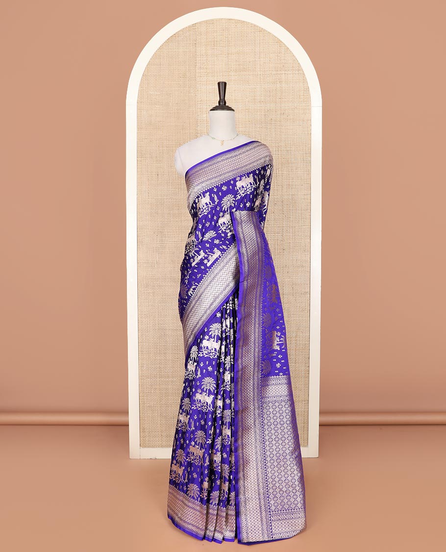 Blue zari buttas and Pichwai cow buttas mushru silk saree, traditional design border, and zari-rich jaal pallu - Image 2