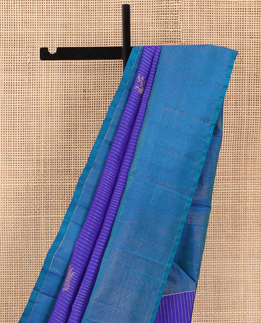 Blue zari buttas and striped kanchipuram silk saree, contrast zari vaira-oosai checked border, and zari design pallu - Image 4