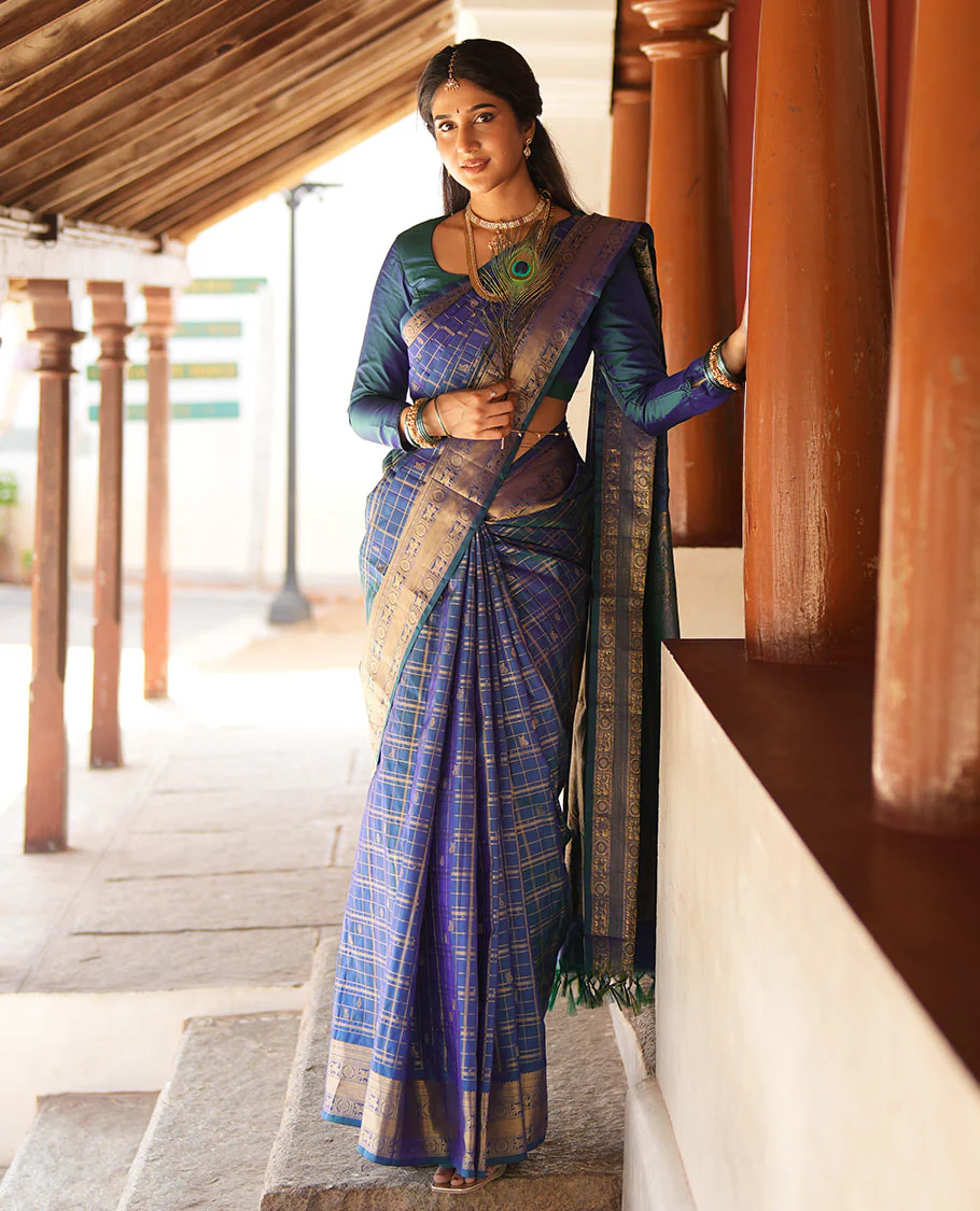 Blue Zari Buttas Enclosed in a Checked Vasundhara silk saree, Zari Border Adorned with Kuthirai and Chakram Designs, and Pallu Features Intricate Designs in Zari - Image 3