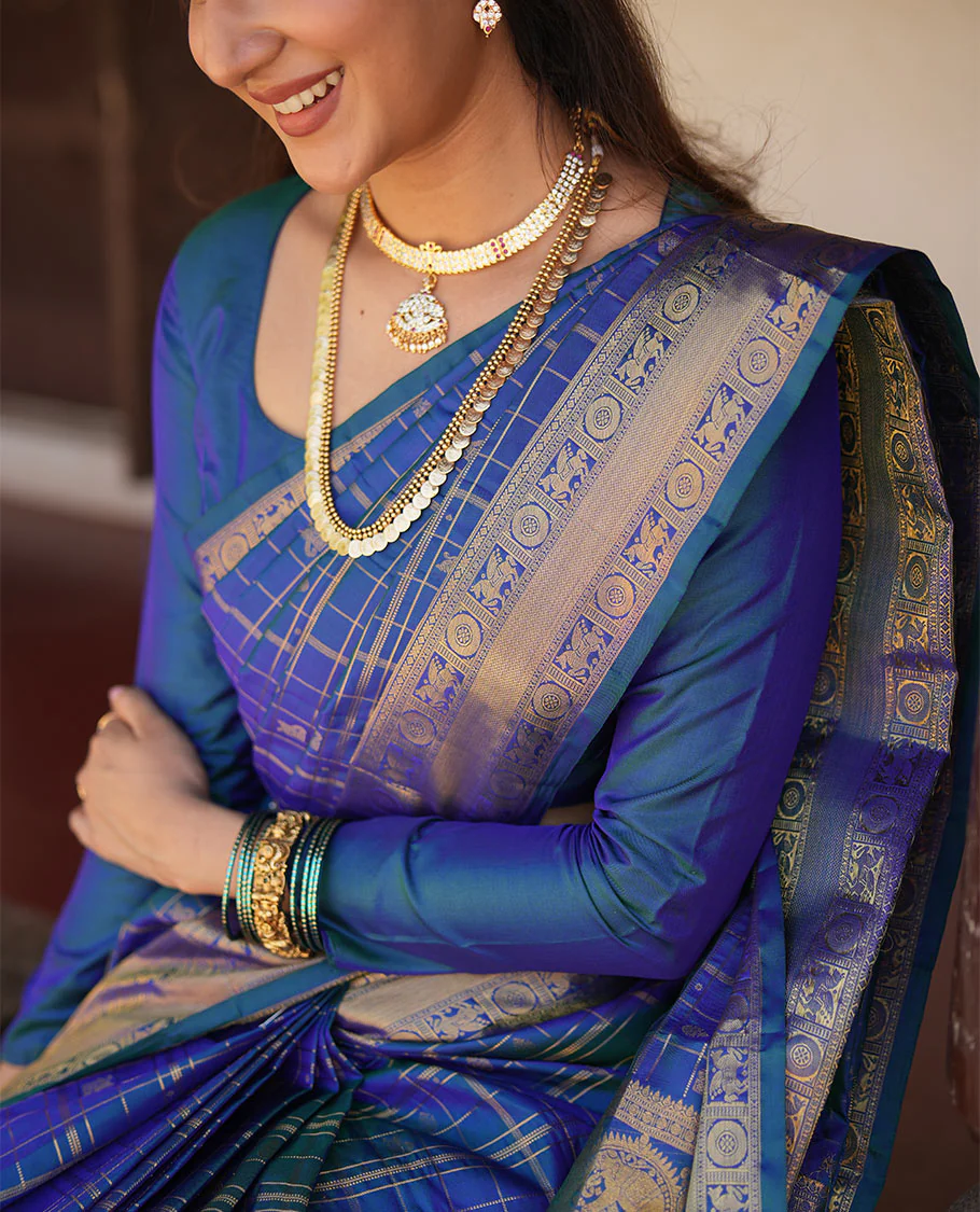 Blue Zari Buttas Enclosed in a Checked Vasundhara silk saree, Zari Border Adorned with Kuthirai and Chakram Designs, and Pallu Features Intricate Designs in Zari - Image 4
