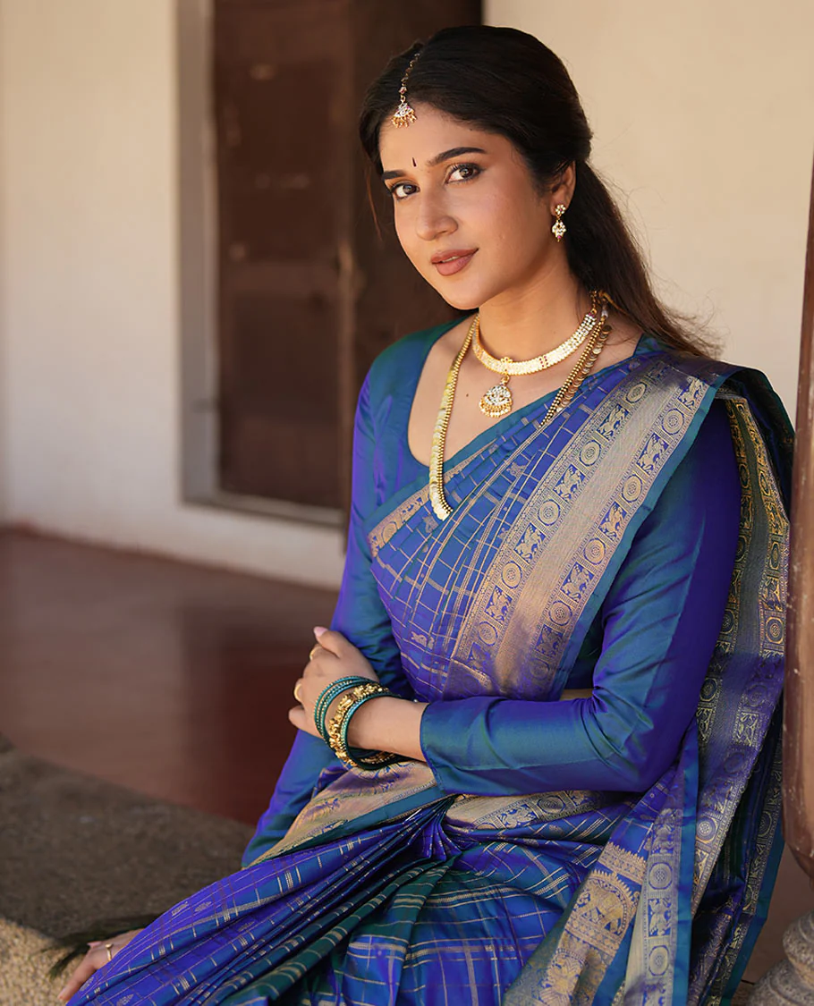Blue Zari Buttas Enclosed in a Checked Vasundhara silk saree, Zari Border Adorned with Kuthirai and Chakram Designs, and Pallu Features Intricate Designs in Zari - Image 5