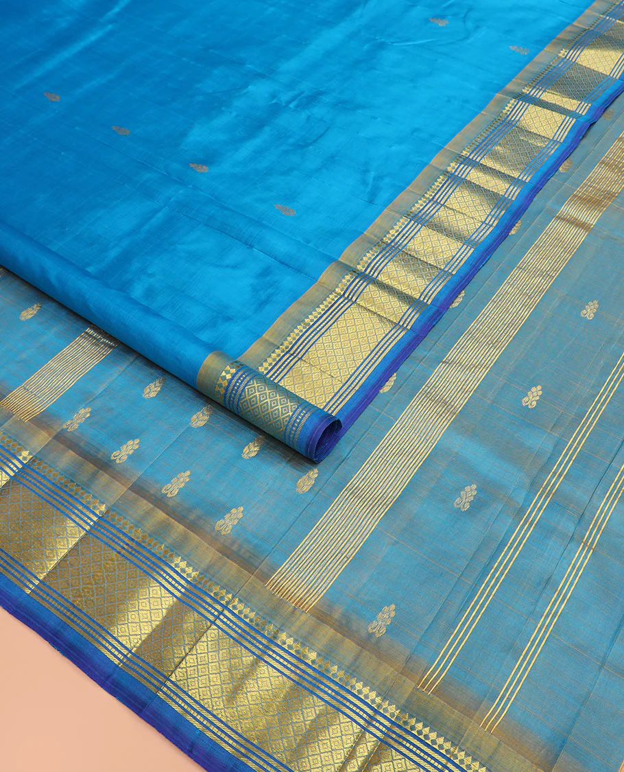 Blue zari buttas Kanchipuram silk saree, contrast border of paneer sombu, banaras, muthu, and mayil kann, and zari design pallu - Image 2