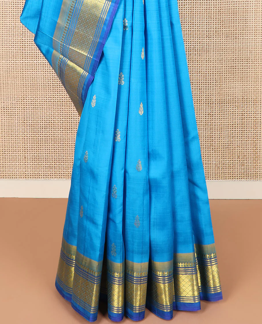 Blue zari buttas Kanchipuram silk saree, contrast border of paneer sombu, banaras, muthu, and mayil kann, and zari design pallu - Image 4
