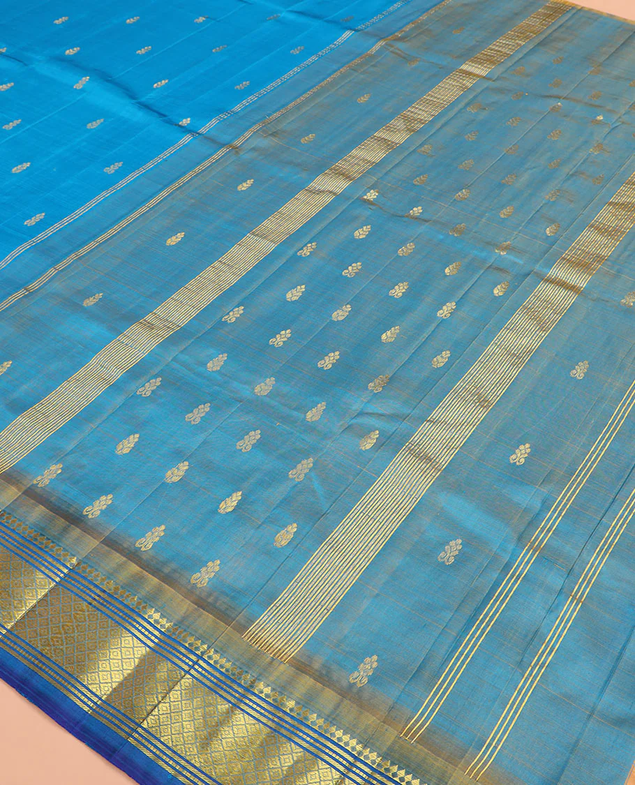 Blue zari buttas Kanchipuram silk saree, contrast border of paneer sombu, banaras, muthu, and mayil kann, and zari design pallu - Image 5