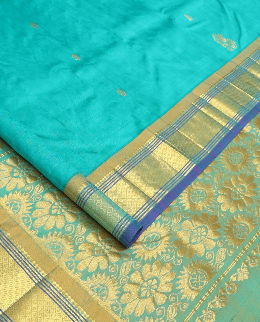 Blue zari buttas Kanchipuram silk saree, contrast border of paneer sombu, banaras, muthu, and mayil kann designs, and floral design pallu - Image 2