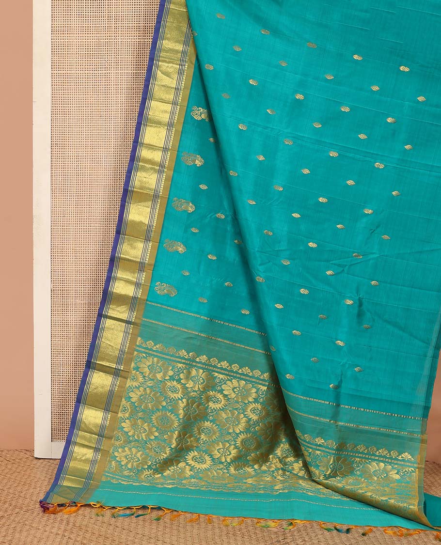 Blue zari buttas Kanchipuram silk saree, contrast border of paneer sombu, banaras, muthu, and mayil kann designs, and floral design pallu - Image 3