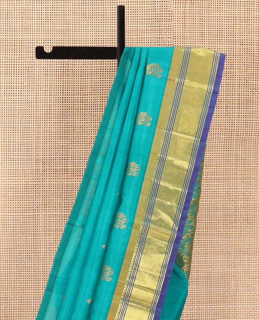 Blue zari buttas Kanchipuram silk saree, contrast border of paneer sombu, banaras, muthu, and mayil kann designs, and floral design pallu - Image 4