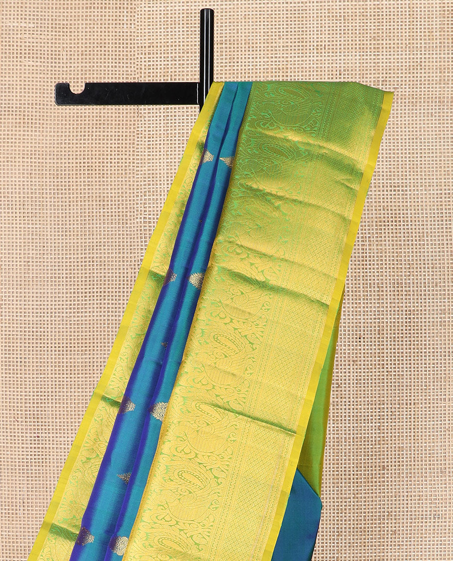 Blue zari buttas Kanchipuram silk saree, contrast border of rekku, kathir, neli, mayil, and mayil kann designs, and  zari design pallu - Image 3