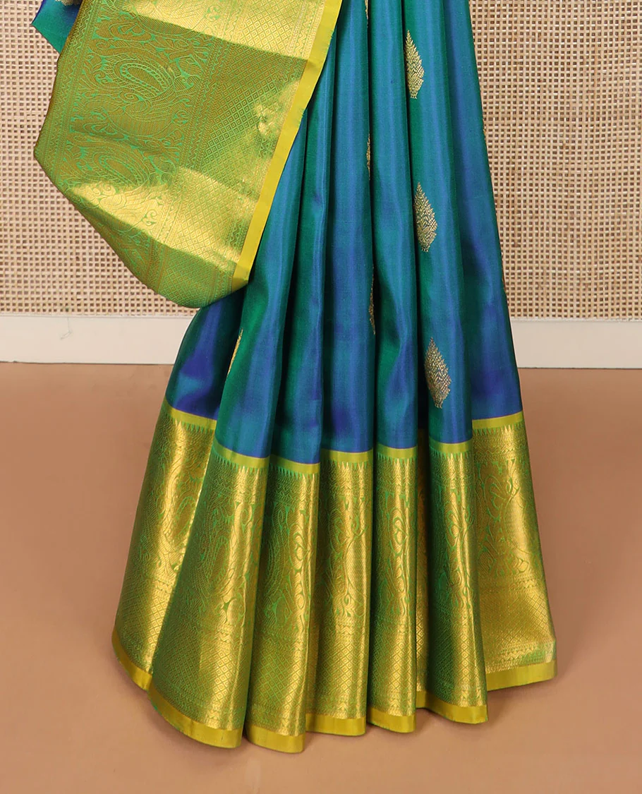 Blue zari buttas Kanchipuram silk saree, contrast border of rekku, kathir, neli, mayil, and mayil kann designs, and  zari design pallu - Image 4