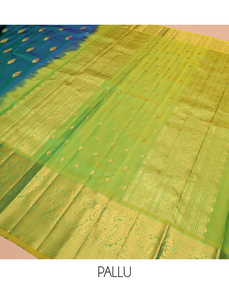 Blue zari buttas Kanchipuram silk saree, contrast border of rekku, kathir, neli, mayil, and mayil kann designs, and  zari design pallu - Image 5