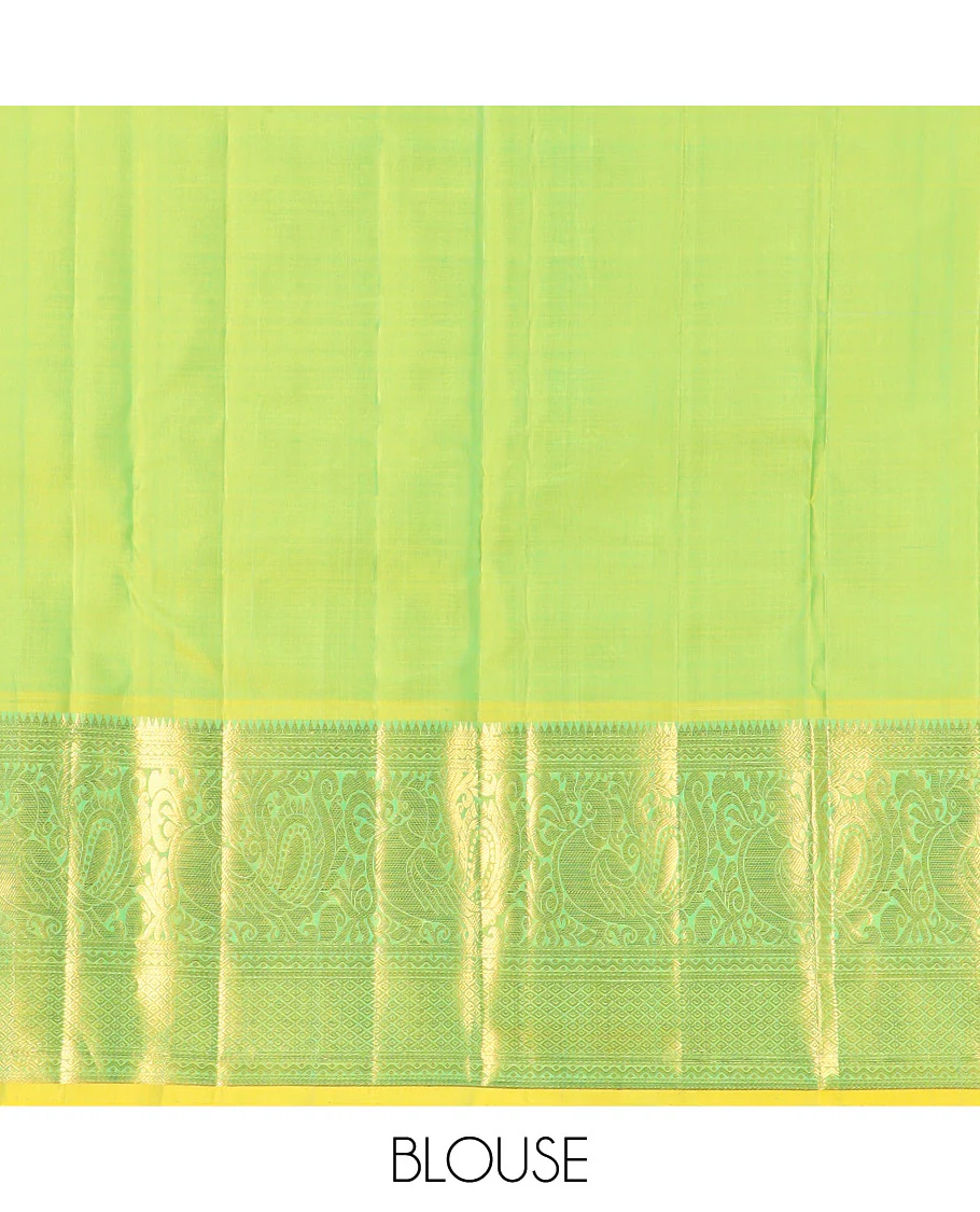 Blue zari buttas Kanchipuram silk saree, contrast border of rekku, kathir, neli, mayil, and mayil kann designs, and  zari design pallu - Image 6