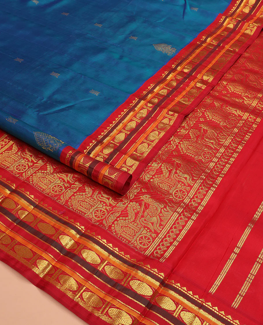 Blue zari buttas Kanchipuram silk saree, contrast border of rekku, muthu, kathir, rudraksham, and banaras designs, and horse chariot design woven pallu - Image 2