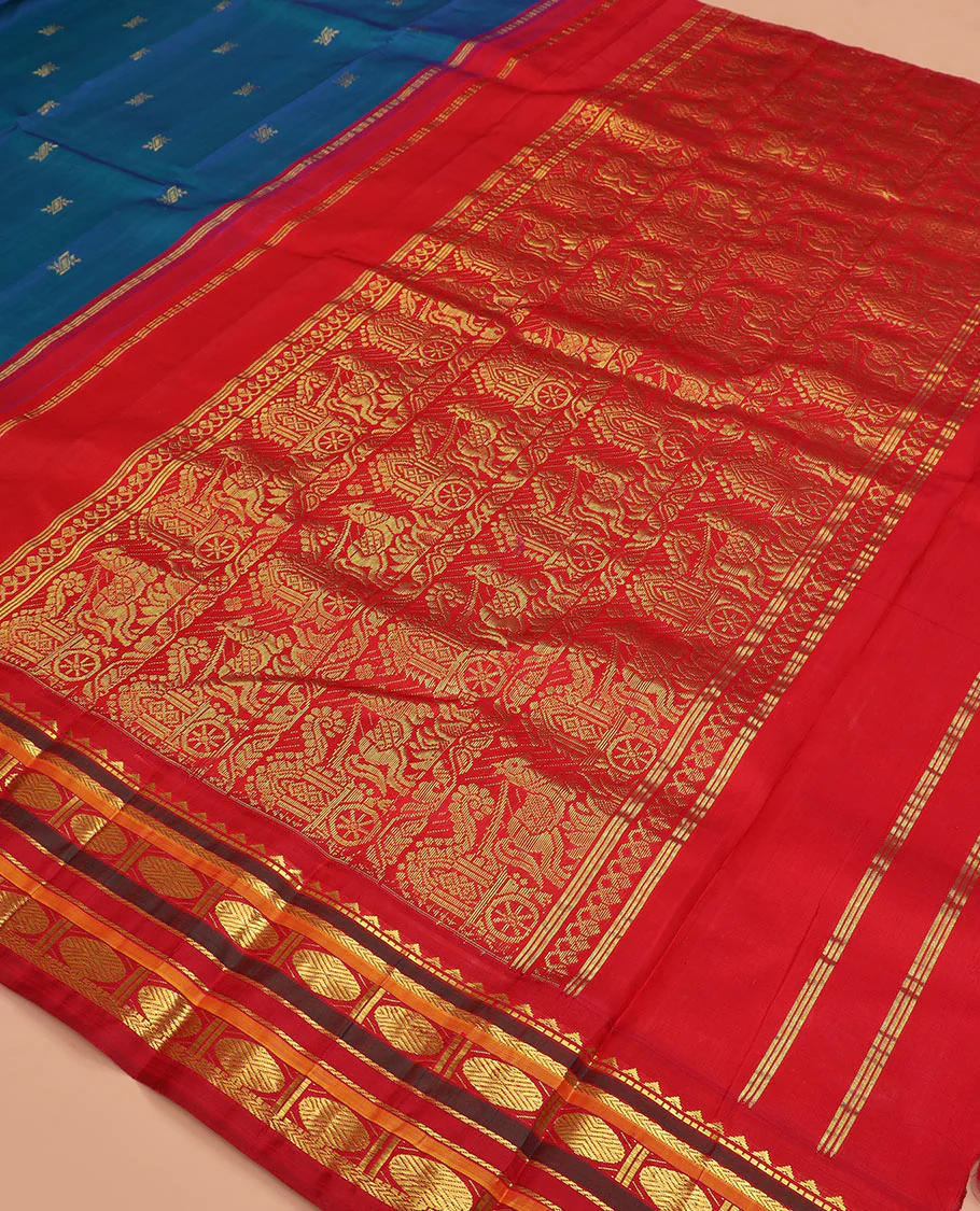 Blue zari buttas Kanchipuram silk saree, contrast border of rekku, muthu, kathir, rudraksham, and banaras designs, and horse chariot design woven pallu - Image 5