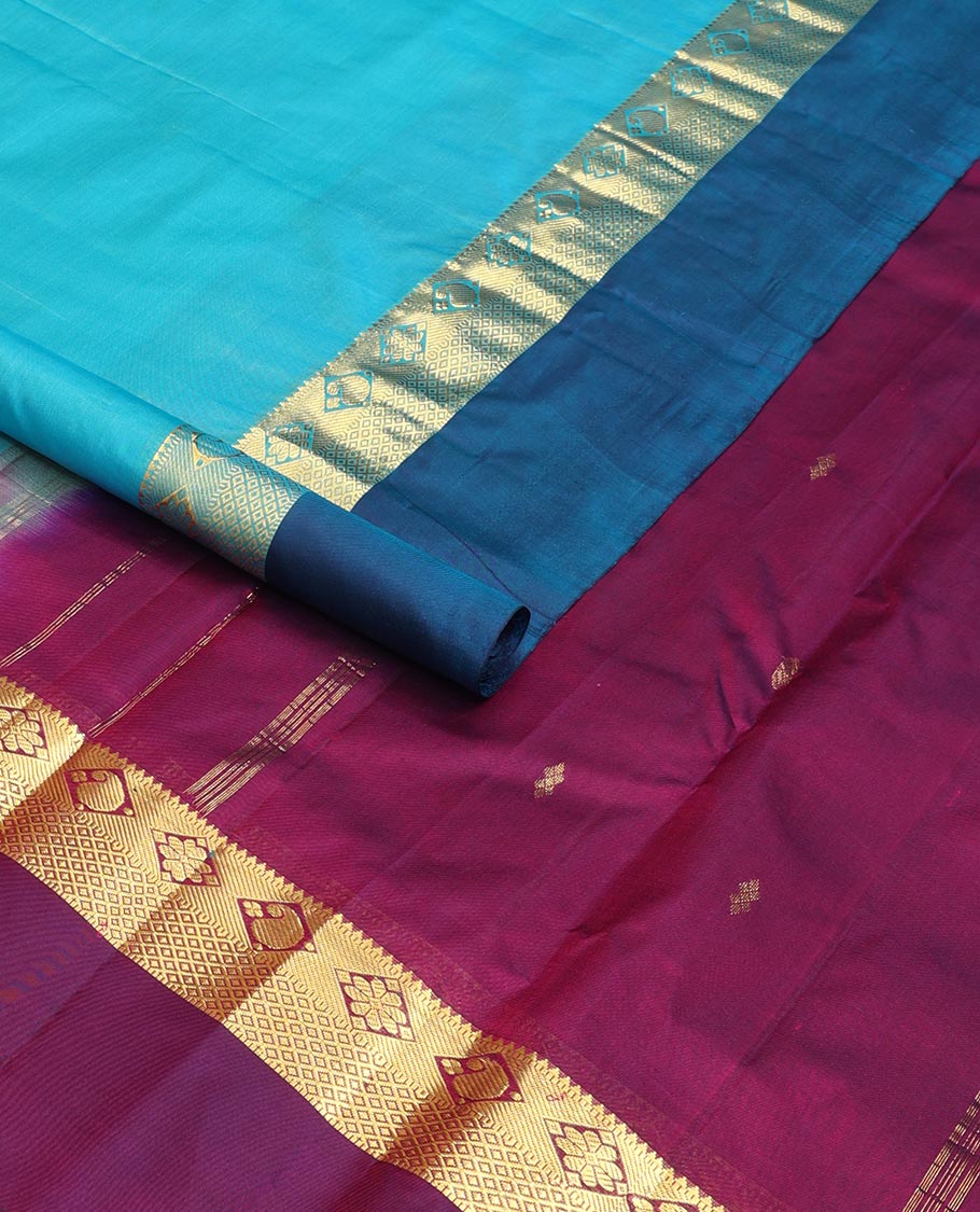 Blue zari buttas Kanchipuram silk saree, contrast border of thazampoo rekku,muthu,kamalam,manga, and kuyil kann, and zari design pallu - Image 2