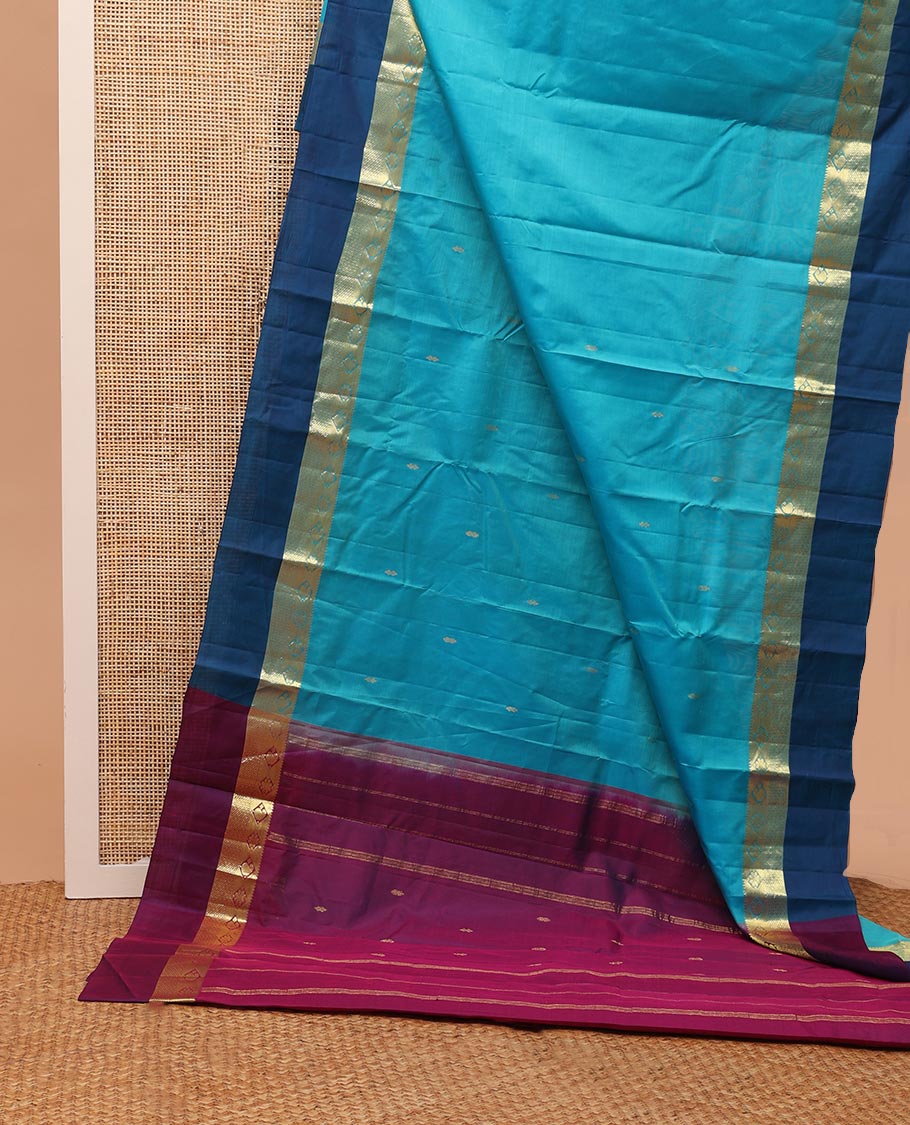 Blue zari buttas Kanchipuram silk saree, contrast border of thazampoo rekku,muthu,kamalam,manga, and kuyil kann, and zari design pallu - Image 3
