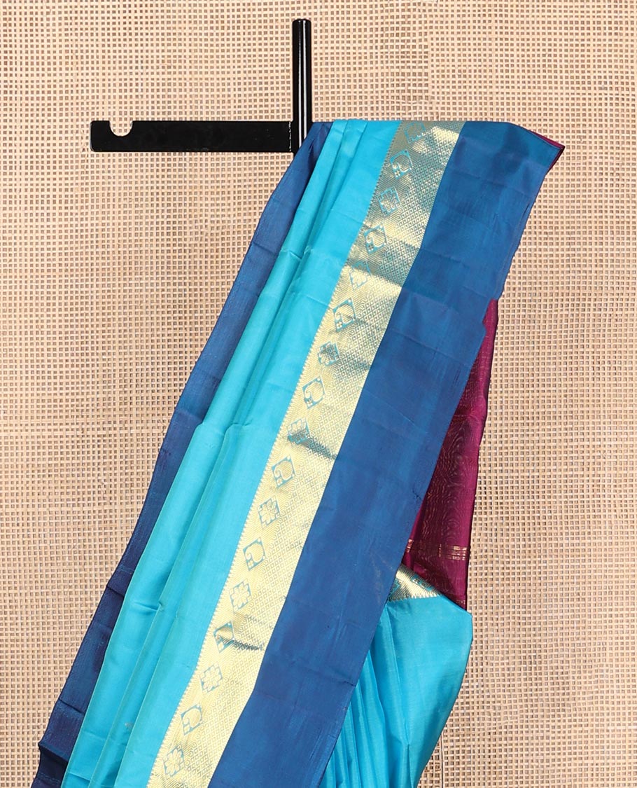 Blue zari buttas Kanchipuram silk saree, contrast border of thazampoo rekku,muthu,kamalam,manga, and kuyil kann, and zari design pallu - Image 4