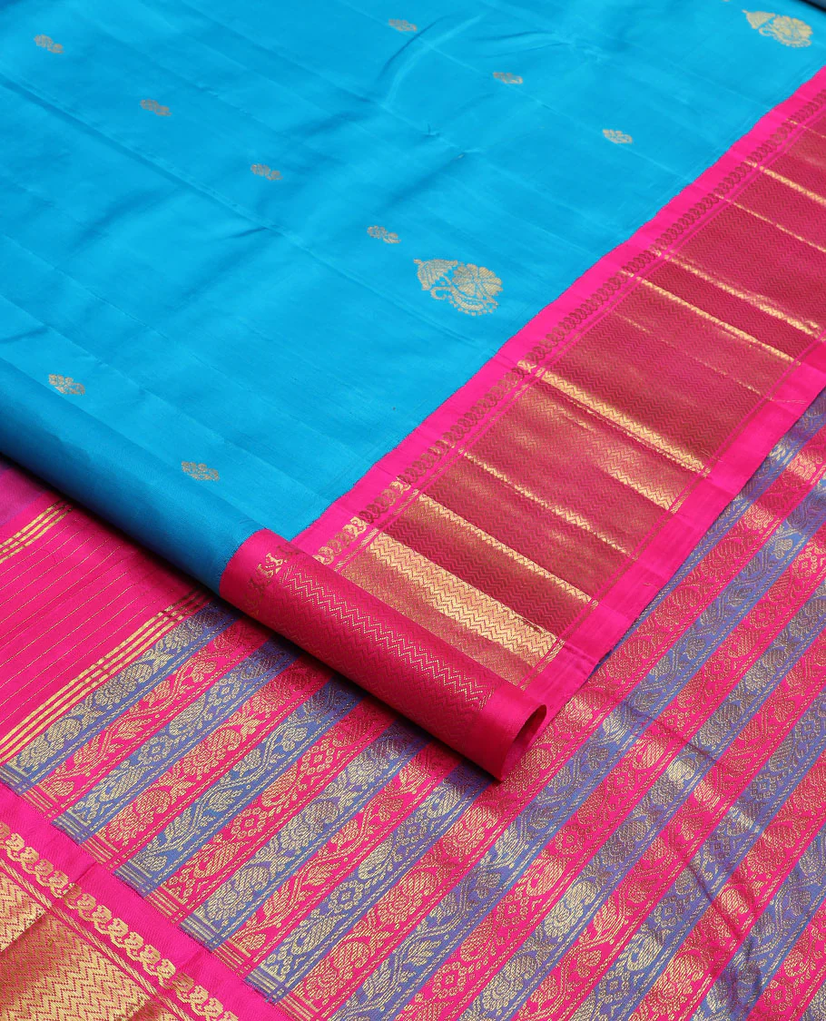 Blue zari buttas Kanchipuram silk saree, contrast korvai border of manga mokku & vanki design & kodi visiry pallu - Image 2