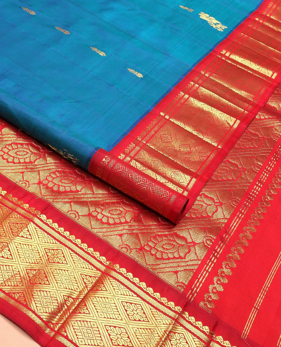 Blue zari buttas Kanchipuram silk saree, contrast korvai border of thilakam mokku, banaras, and jaal designs, and intricate pallu - Image 2