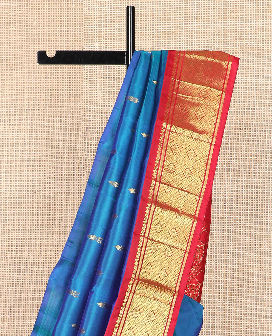 Blue zari buttas Kanchipuram silk saree, contrast korvai border of thilakam mokku, banaras, and jaal designs, and intricate pallu - Image 3