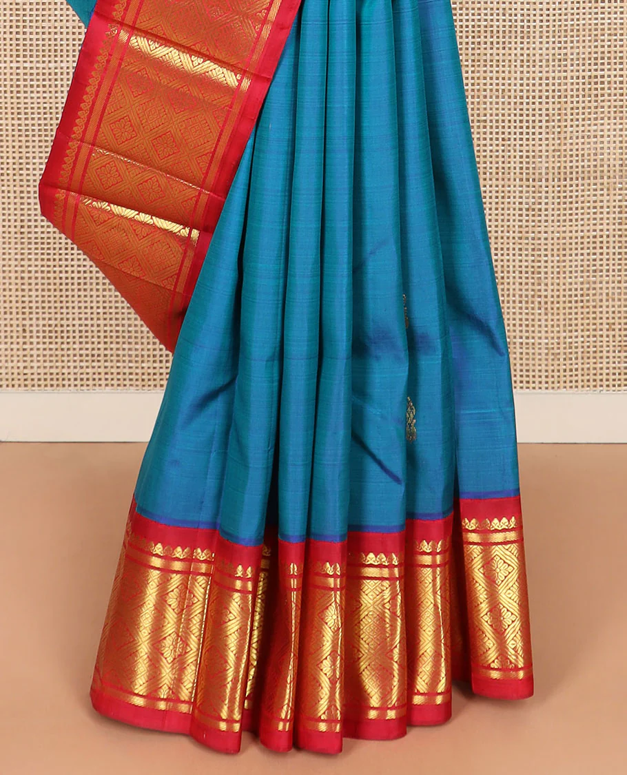 Blue zari buttas Kanchipuram silk saree, contrast korvai border of thilakam mokku, banaras, and jaal designs, and intricate pallu - Image 4