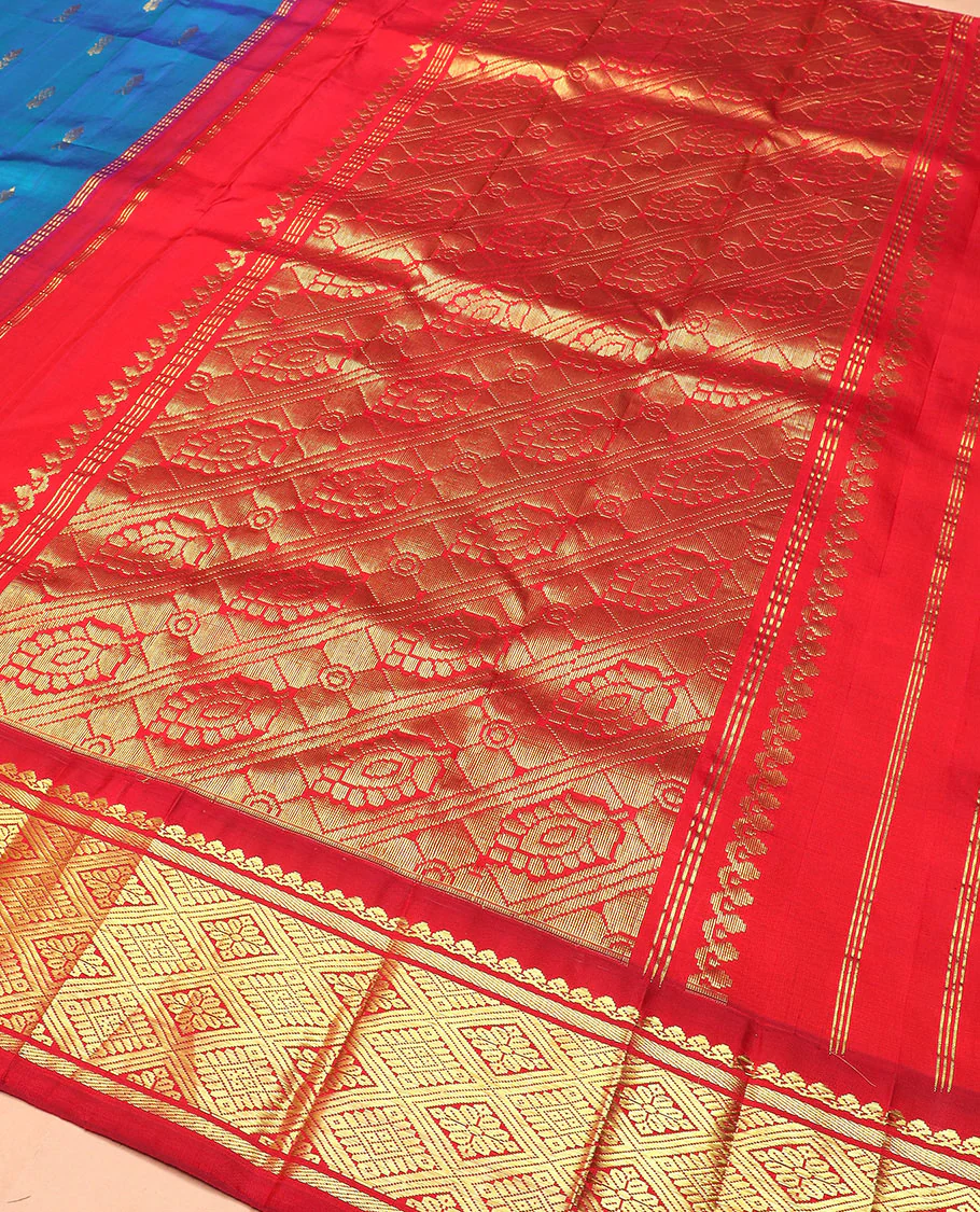 Blue zari buttas Kanchipuram silk saree, contrast korvai border of thilakam mokku, banaras, and jaal designs, and intricate pallu - Image 5