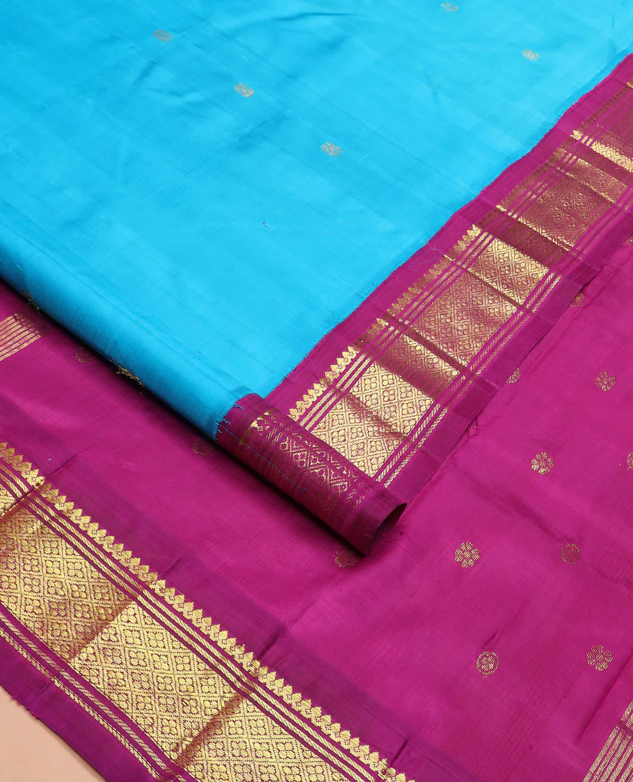 Blue zari buttas Kanchipuram silk saree, contrast korvai border of thilakam mokku, banaras, and jaal designs, and zari design pallu - Image 2
