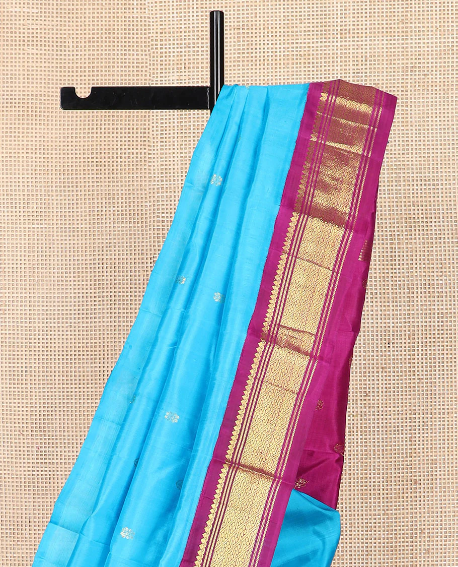 Blue zari buttas Kanchipuram silk saree, contrast korvai border of thilakam mokku, banaras, and jaal designs, and zari design pallu - Image 3