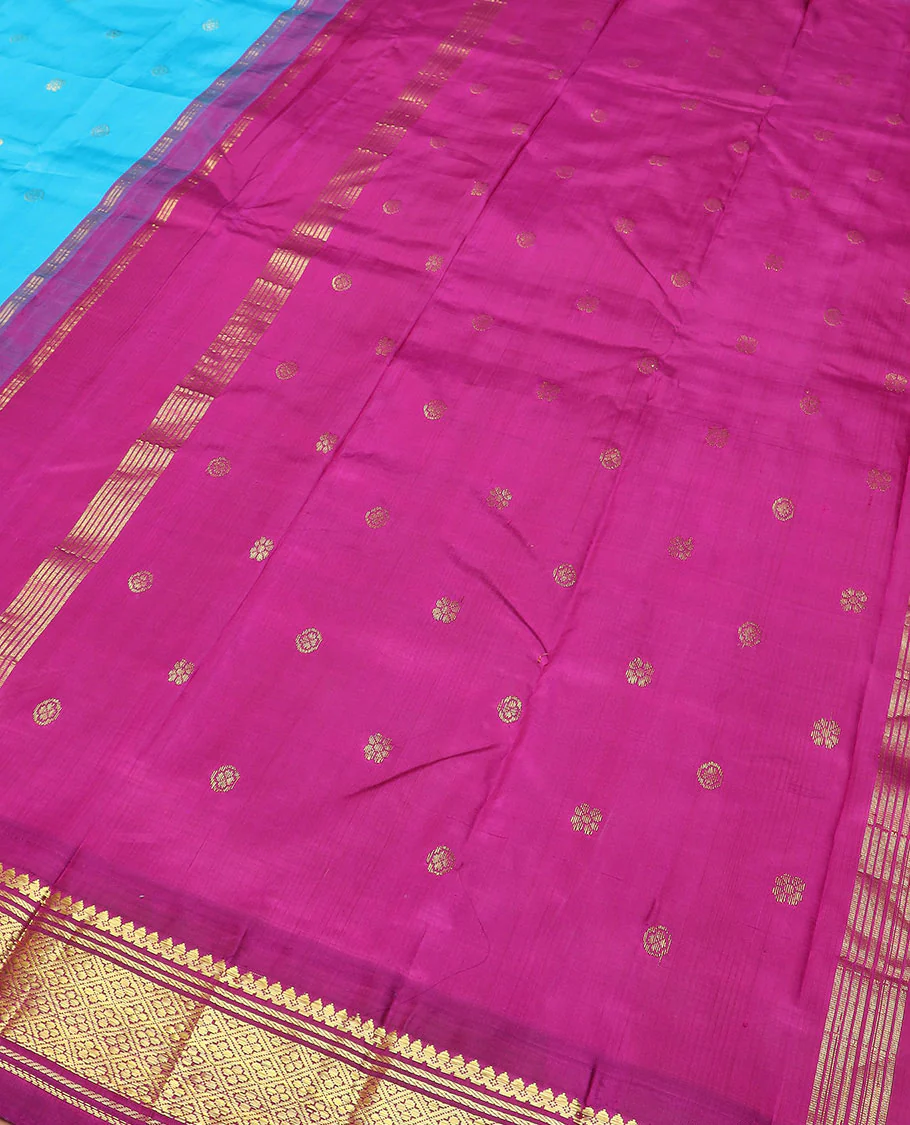 Blue zari buttas Kanchipuram silk saree, contrast korvai border of thilakam mokku, banaras, and jaal designs, and zari design pallu - Image 5