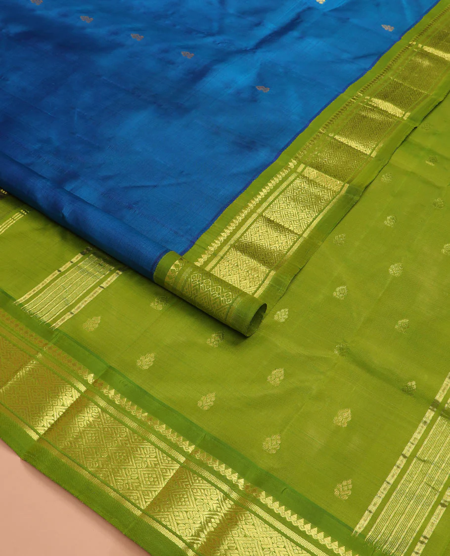 Blue zari buttas kanchipuram silk saree, contrast korvai border of thilakam mokku, banaras, and jaal designs, and zari design pallu - Image 2